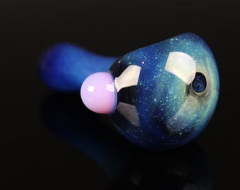 Galaxy Pipe Space Fumed Cobalt Glass Pipe, Heady Hand Blown with Pink Slyme