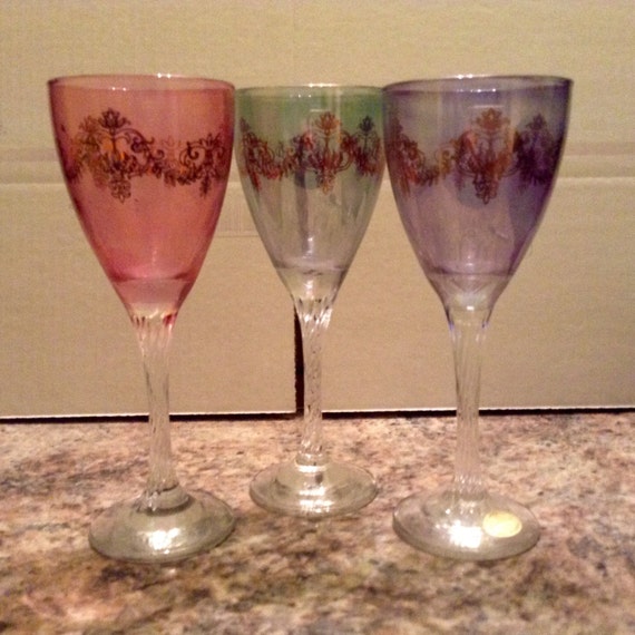 Set of 3 Hand Blown Colored Crystal Wine Glasses with 24kt