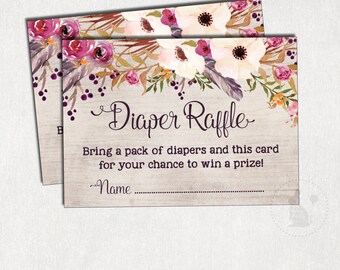 Bohemian DIAPER Raffle Printable. Flower Baby Shower. Boho Baby Raffle Ticket. Cottage Chic Insert Card. Floral Shower. Rustic Baby. FLO2