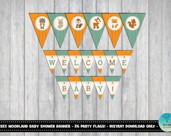 WOODLAND BABY SHOWER Banner. Woodland Animals Party Flags. Forest Animal Digital Bunting. Unisex Baby Shower Printable. Baby Boy Girl. WOOD1