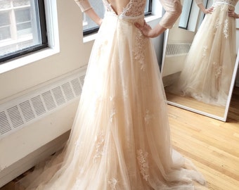 Light Creamy Champagne Long Sleeve Deep V Lace Wedding Dress