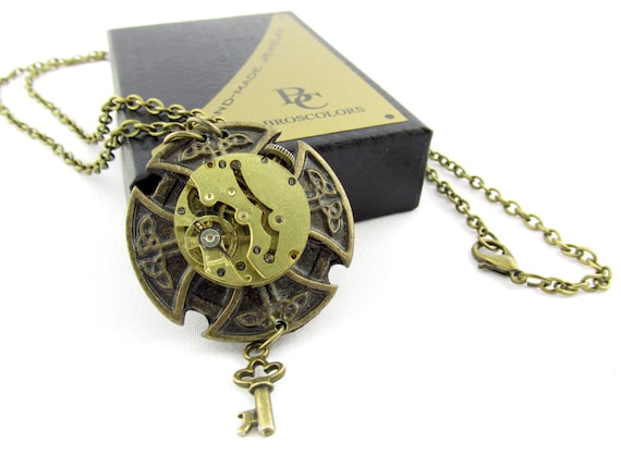 Celtic cross Steampunk Necklace, Steampunk Jewelry, Steampunk gold pendant, Key steampunk, brass cross, celtic steampunk, faith jewelry, one by BroscolorsDesign steampunk buy now online