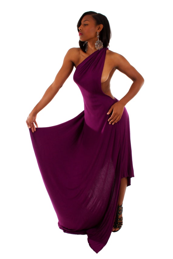 custom boutique maxi one shoulder bare back red carpet cocktail special occasion plum  asymmetrical hem dress Size M