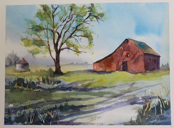 Rustic Red Barn Original Watercolor Roadside