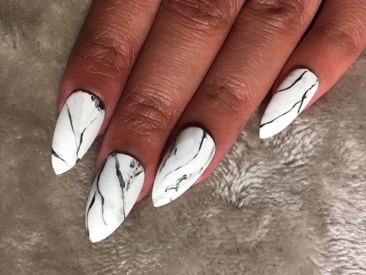 9. Matte Stiletto Acrylic Nails with Marble Effect - wide 9