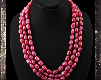 20% OFF COUPON!!!---Red Ruby Bead Necklace, 3 strand, 810.0 ctw