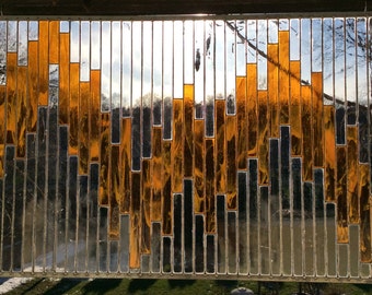 Stained glass window, stained glass panel, Sunset City Skyline- Mid century modern design with industrial features