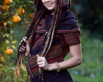 Handmade Hooded Scarf with hood Black Embroidery Tribal Pattern Gypsy Jungle Nomadic Kashmiri Festival Nomadic Primitive Earthy Rave AJJAYA