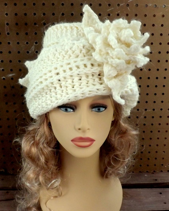 Mad Hatter Crochet Cloche Hat, Womens Crochet Hat, Crochet Womens Hat 1920s, Steampunk Hat Ivory Hat, LAUREN 1920s Cloche Hat Crochet Flower by strawberrycouture steampunk buy now online