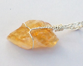 Natural Citrine Pendant - Silver Wire Wrapped Citrine - Citrine Gemstone Necklace - November Birthstone Pendant - Citrine Crystal Necklace