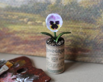 Dolls House Miniature Pansy in Vintage Tin Can
