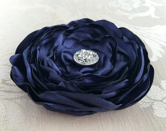 Navy Blue Flower Hair Clip.Brooch.Pin.Headpiece.Navy.Bridesmaid.Hair Flower.Hair Piece.Satin Flower.hair accessory.wedding.flower girl