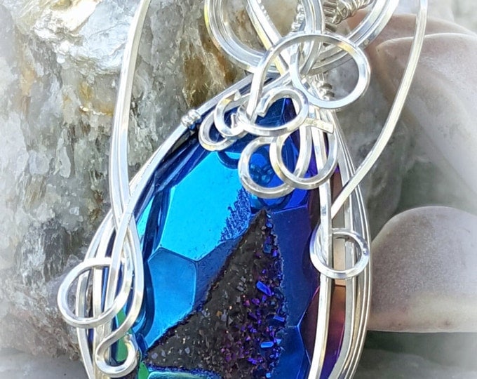 Elegant, Faceted, Blue Druzy Pendant, Wire-wrapped stone, Argentium Silver, Wire-wrapped Pendant, Organza Ribbon