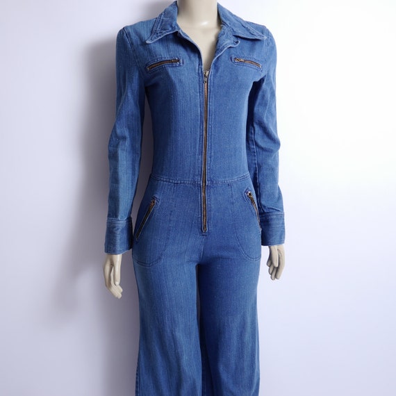 Vintage Denim Jumpsuit Zip Up Long Sleeve Small