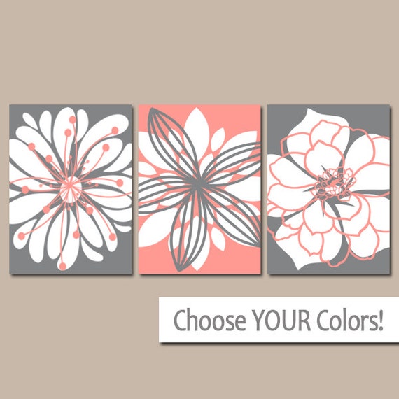 CORAL GRAY Wall Art Canvas or Prints Floral Bathroom Decor