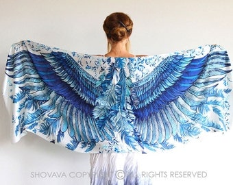 Silk Scarf, Wings Shawl, Gift for Her, Long Scarf, Wrap Scarf, Engagement Gift, Oversized Scarf, Art Scarf, Wings on Wraps, Silk Sarong