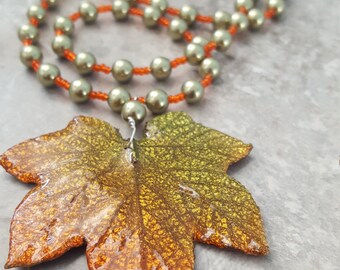 Real Fall Leaf and Swarovski Pearls with Sterling Silver and Springring Clasp 22." - Free Shipping