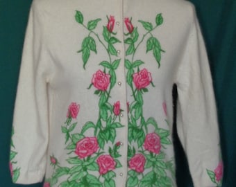 Vintage Darlene Hand Screen Print Roses Sweater B36 French Angora Lambswool