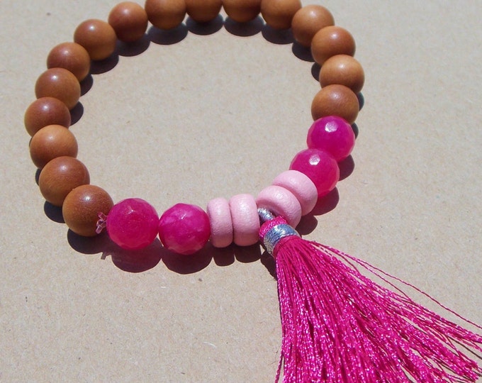 Boho Yoga Pink Tassel Bracelet Sandalwood Beaded Bracelet Bubblegum Pink Agate Wood Natural Elements Spiritual Jewelry