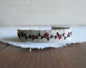 Hand Embroidered Fabric Cuff Bracelet - Brown and Black Embroidery on Natural Linen Bracelet
