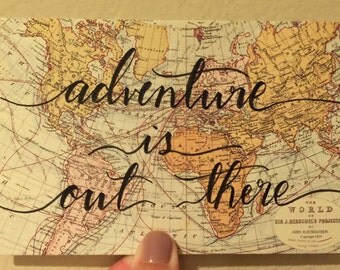 Set of 4 Postcards-Hand Lettered Vintage Map Postcards 4x6 Modern Calligraphy Travel Quote-Custom Stationery-Gift-Destination Wedding-Bday