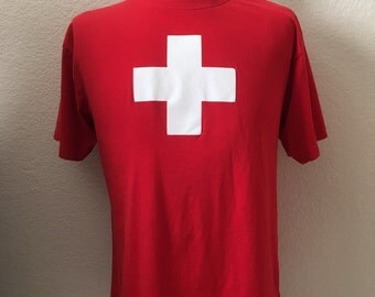 Vintage Men's 80's T Shirt, Red, Lifeguard, Short Sleeve (L)