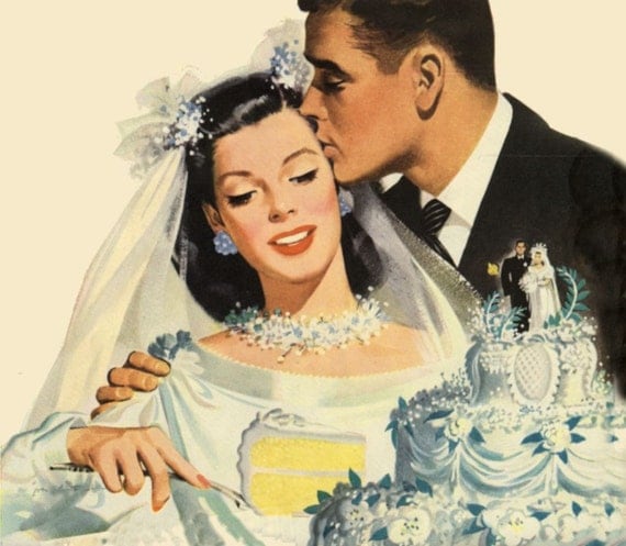 vintage illustration bride and groom cutting wedding cake