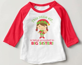 Personalized This little elf...is being promoted to BIG SISTER! Red Baseball Raglan Shirt - Christmas Pregnancy Announcement