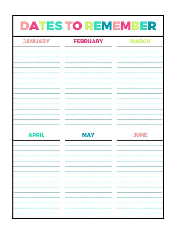 Bright Dates To Remember Printable Page Letter Size PDF Home