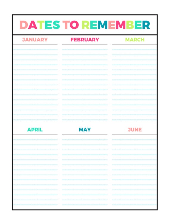 Bright Dates To Remember Printable Page Letter Size PDF Home