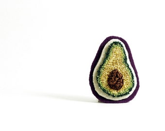 Sparkle Avocado Pin. Punchneedle Embroidery. Green, Purple, Brown. Fiber Art Jewelry. Quirky Fun Fashion by HarpandThistle