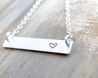Heart Sterling Silver Bar Necklace. Hand Stamped Jewelry. Minimalist, Engraved Necklace. Simple Layering Bar Necklace, with Heart.