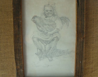 Vintage Signed Orginal Art FARMGIRL HOLDING CHICKEN Rustic Framed Signed & Dated Country Home Farm Kitchen Wall Art Girl With Chicken