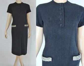 SALE Vintage Fifties Dress - 1950s Wool Wiggle Dress - 50s Grey Bombshell Dress - Medium Short Sleeve Wiggle Dress