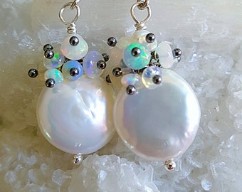 White Freshwater Coin Pearl Ethiopian Opal Cluster Earrings on Oxidized Silver with Art Deco Marcasite Posts Wedding Jewelry Gift for Her