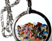Floating Necklace with Multicolor Polished Stones Antique Pocket Watch Crystals Multicolored Shaker Necklace (2413) Floating Necklace with Multicolor Polished Stones Antique Pocket Watch Crystals Multicolored Shaker Necklace (2413)