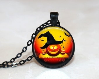 Halloween Necklace GlassTile Necklace Black Necklace Glass Tile Jewelry Halloween Jewelry Pumpkin Jewelry Holiday Jewelry Black Jewelry