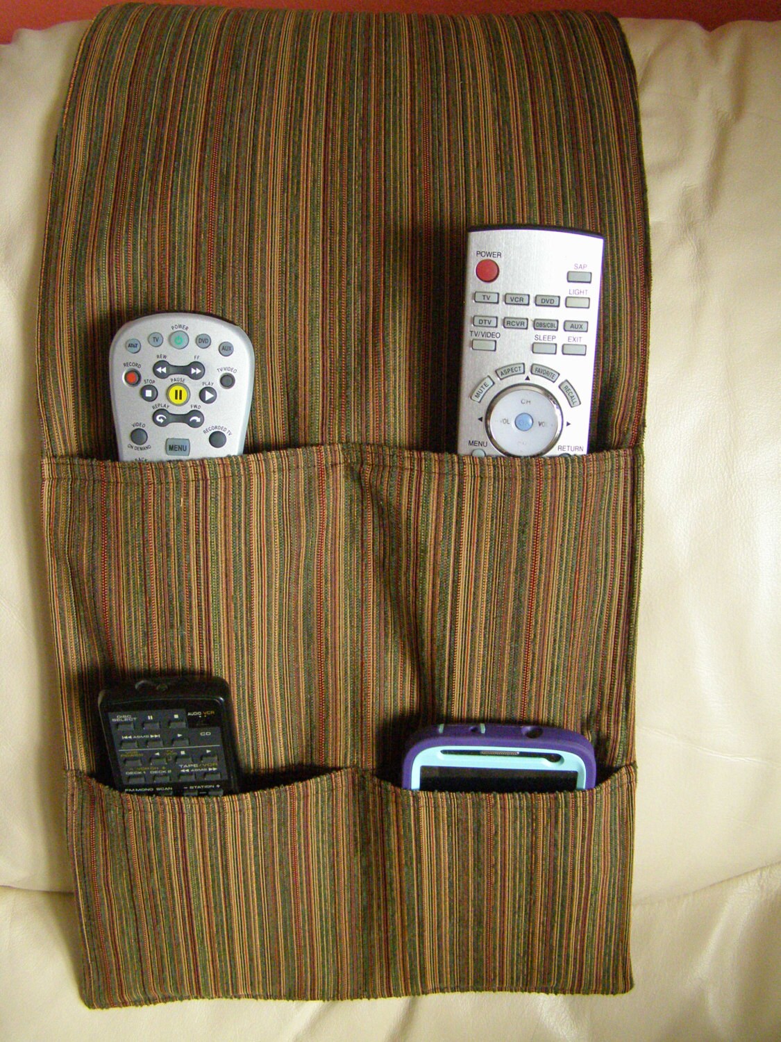 TV Remote Control Organizer Caddy 4 pocket Brown MultiStripe