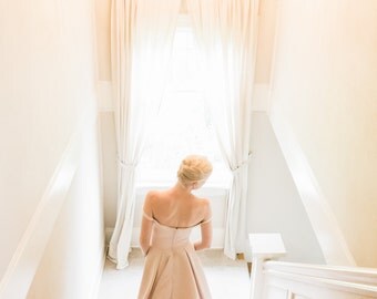 Hi Low Wedding Dress, Off Shoulder, Champagne Satin, THREE LITTLE WORDS, Ivory, White, Colors