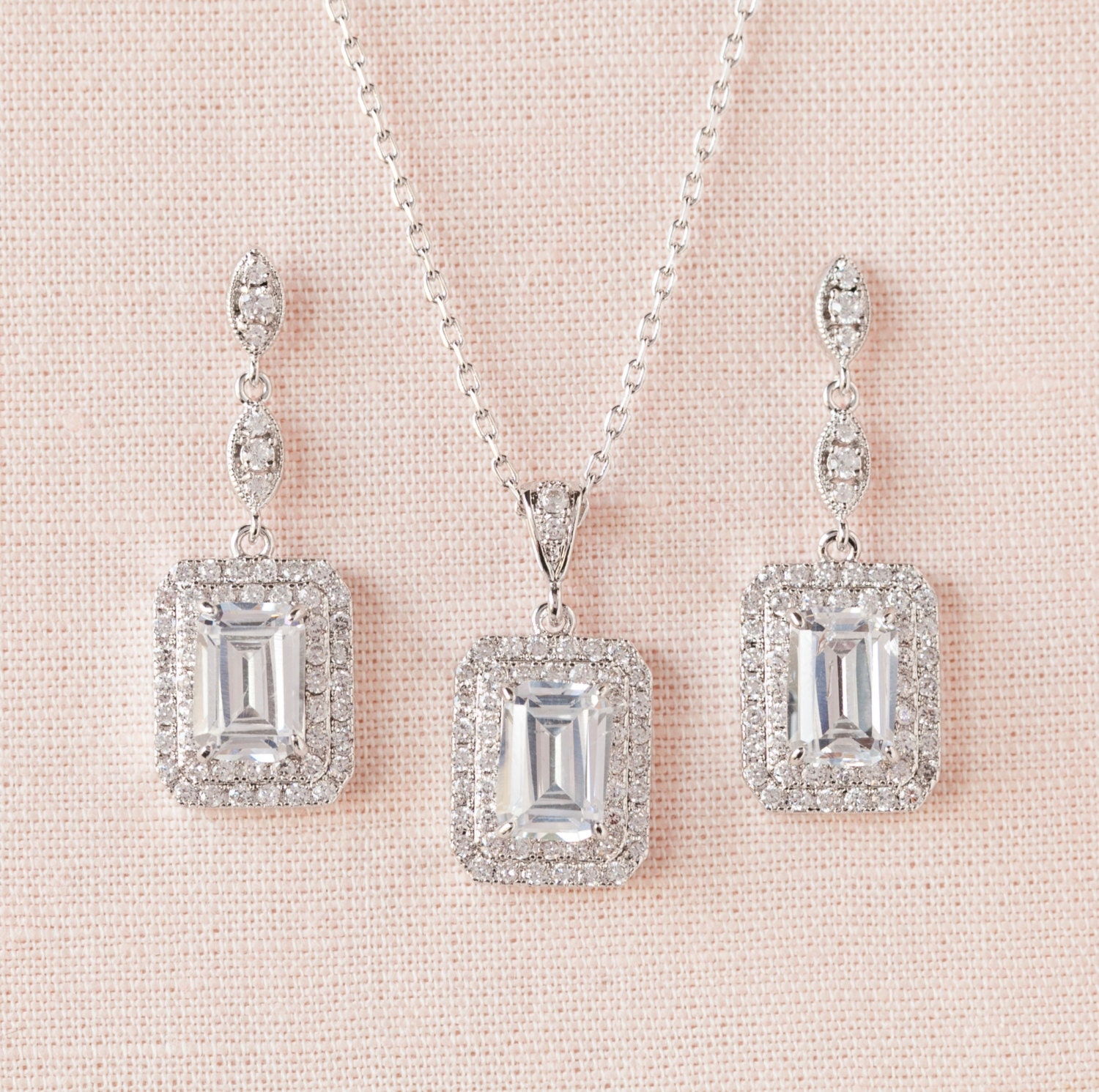 Crystal Bridal Earrings, Rose Gold Wedding Jewelry, Emerald Cut, Halo Crystal Wedding necklace, Bridal Jewelry, Morgan SET
