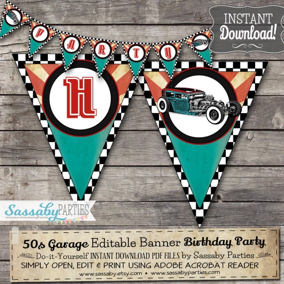 50s Garage Party Banner Rock n Roll - INSTANT DOWNLOAD - Editable ...