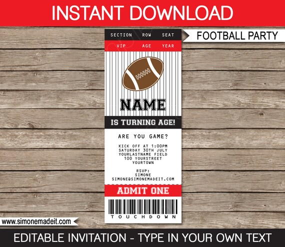 Football Ticket Invitation Template Birthday Party Red And Black Instant Download With Football Ticket Invitation Template Free