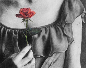 Promises... Original Graphite and Colored Pencil Drawing Realistic Woman Figure Dress Flower Rose Realism