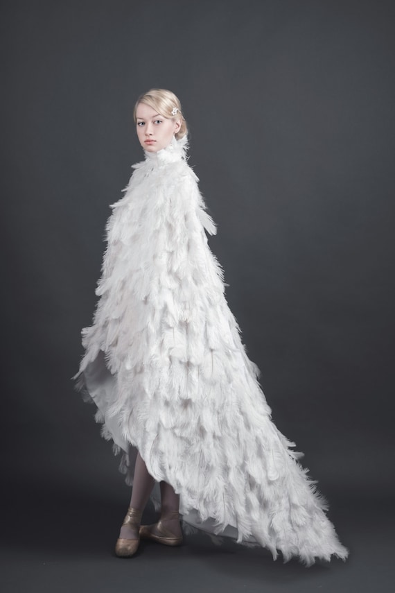 White Ostrich Plume Feather Bridal Wedding Cape Couture