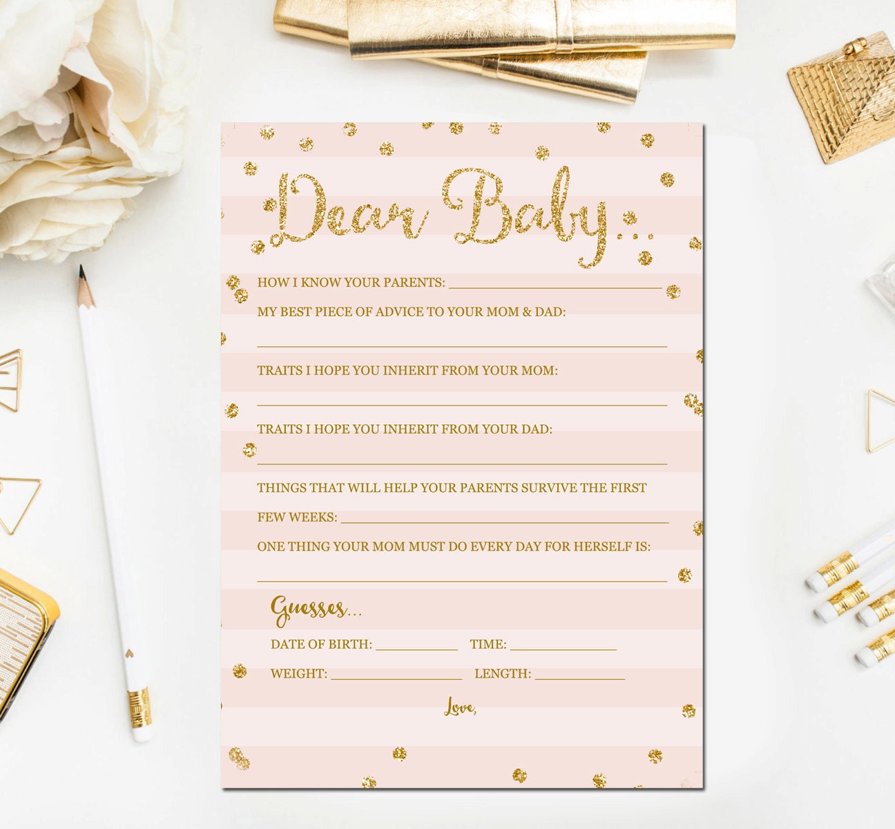 Pink and Gold Dear Baby Advice Card Baby Guessing Shower