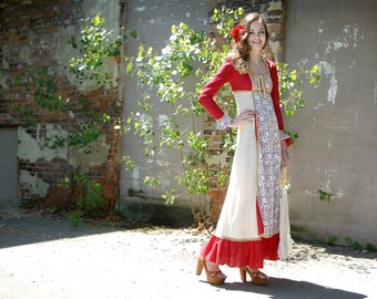 Vintage red Gunne Sax dress, long sleeve lace boho Victorian maxi 1960s 1969 XS S