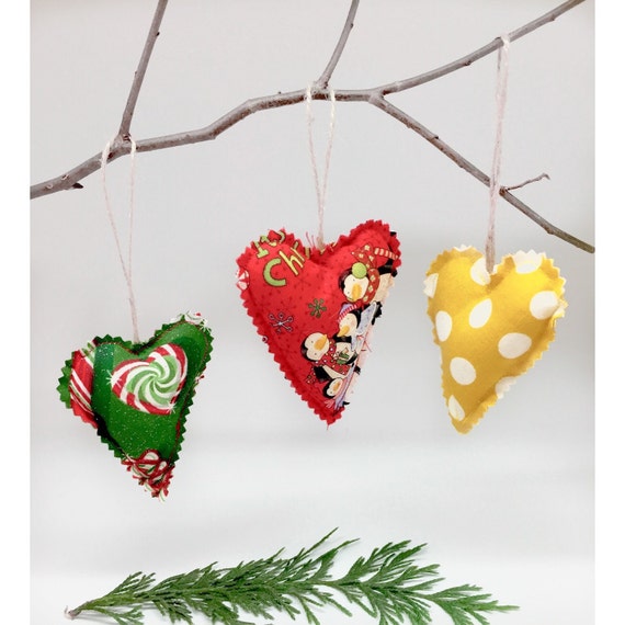 Fabric hearts christmas ornaments christmas by annatrimmeldesigns
