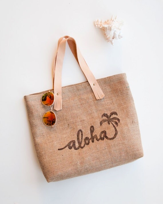 Natural Jute Burlap Beach Bag ALOHA Beach Tote Pink Palm Tree