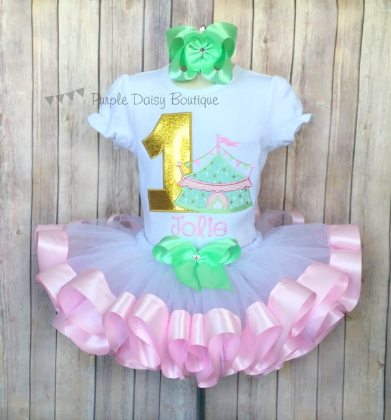 Circus Theme First Birthday Ribbon Trim Tutu Outfit - Circus Tent Birthday Outfit - Under the Big Top Birthday Outfit - Pink, Mint, and Gold Il_570xn