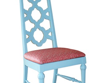 Vintage Refurbished Geometric Ladder-back Accent Chair Painted Aqua Turquoise Blue Upholstered Seat with Red Pink Coral Upholstery